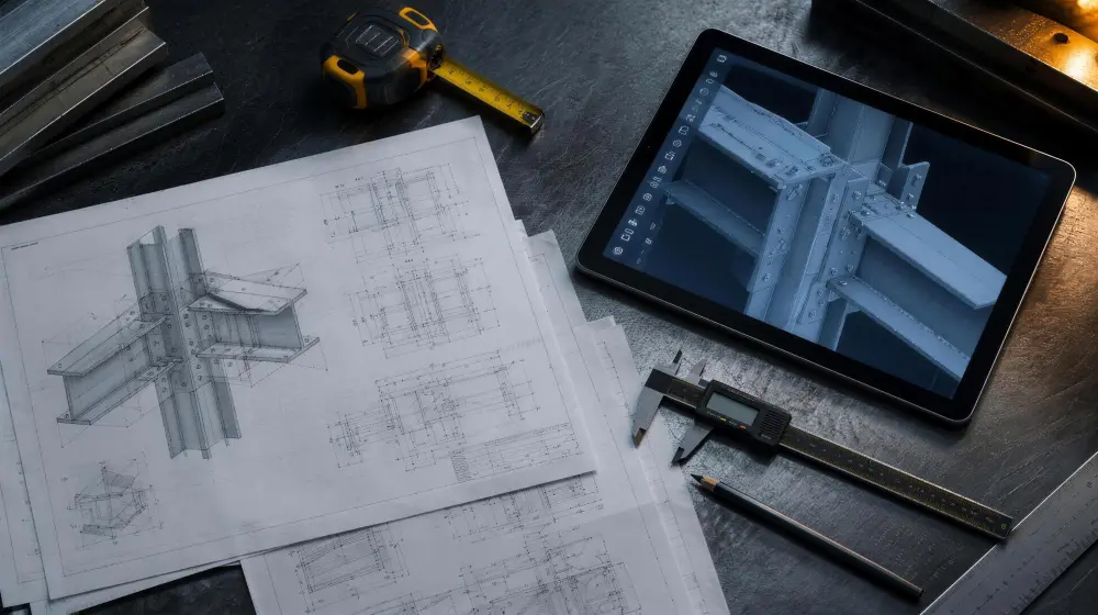 Steel shop drawings, blueprints and a CAD model on a steel workbench