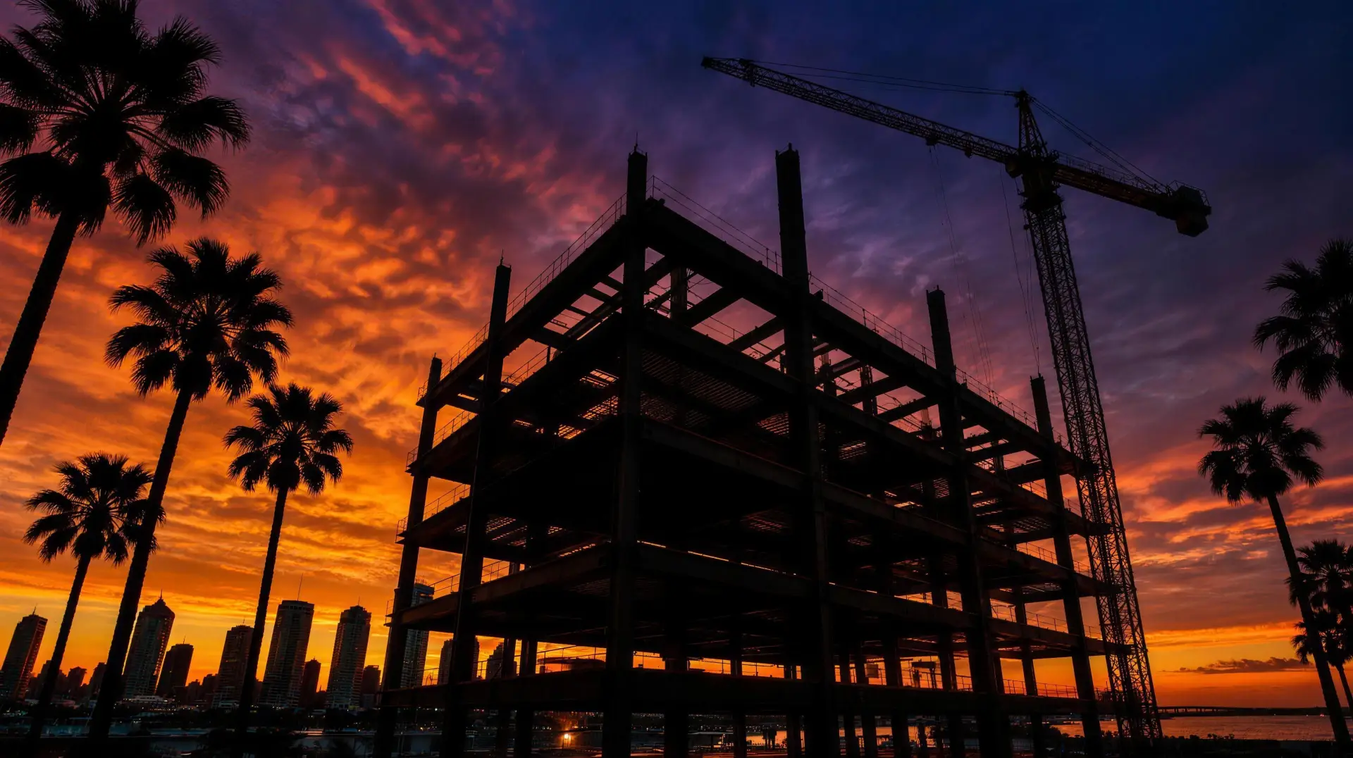Structural steel frame rising at dusk in San Diego with palms and a tower crane