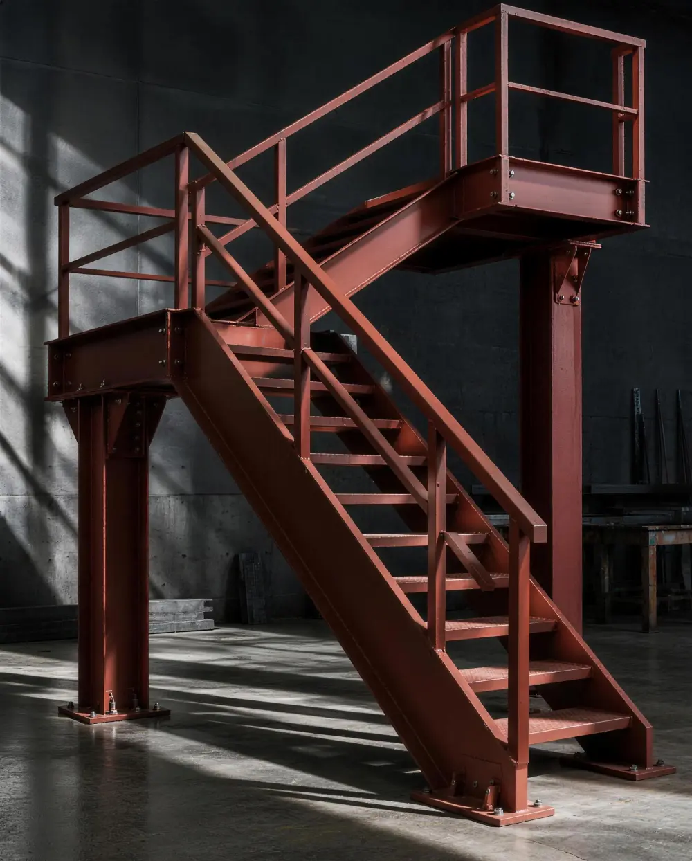 Fabricated structural steel staircase in red-oxide primer inside the shop
