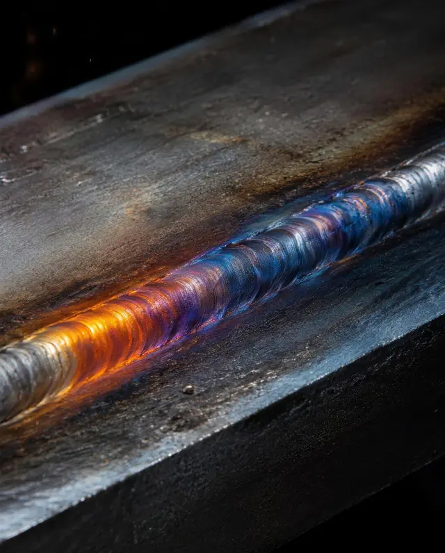 Close-up of a weld bead on structural steel plate